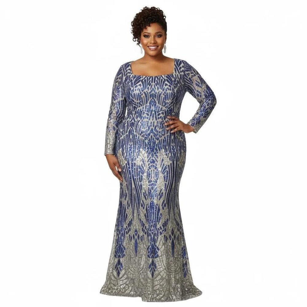 House Of Chic Curve + Plus Blue Sequined Long Sleeve Maxi Dress Size 2XL, NWT